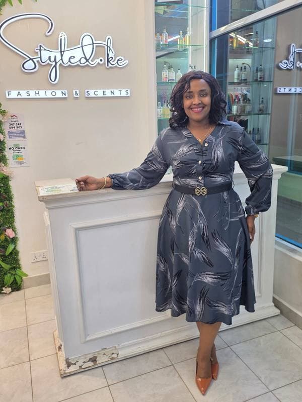 Feather Print Belted Midi Dress